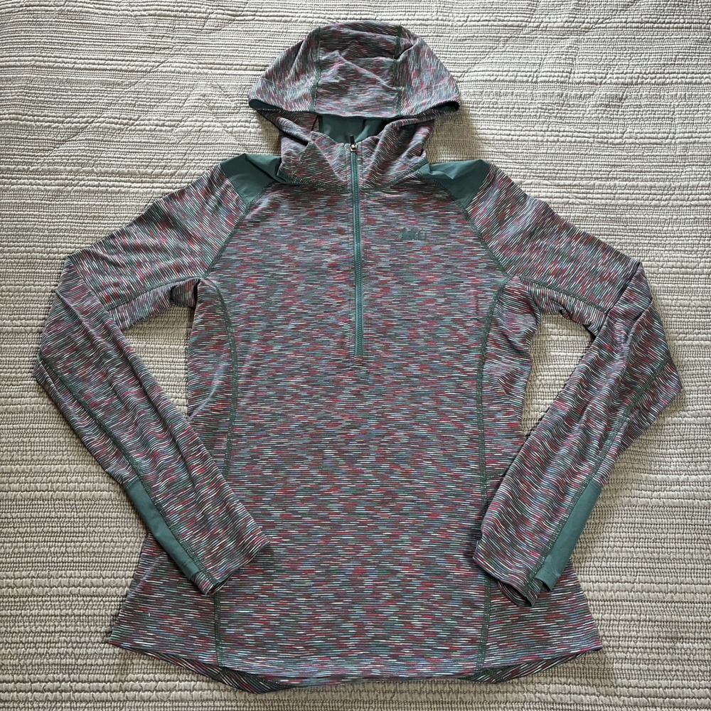 REI Co-op Womens Medium 1/4 Zip Hooded Pullover Space Dye Green Hiking Top